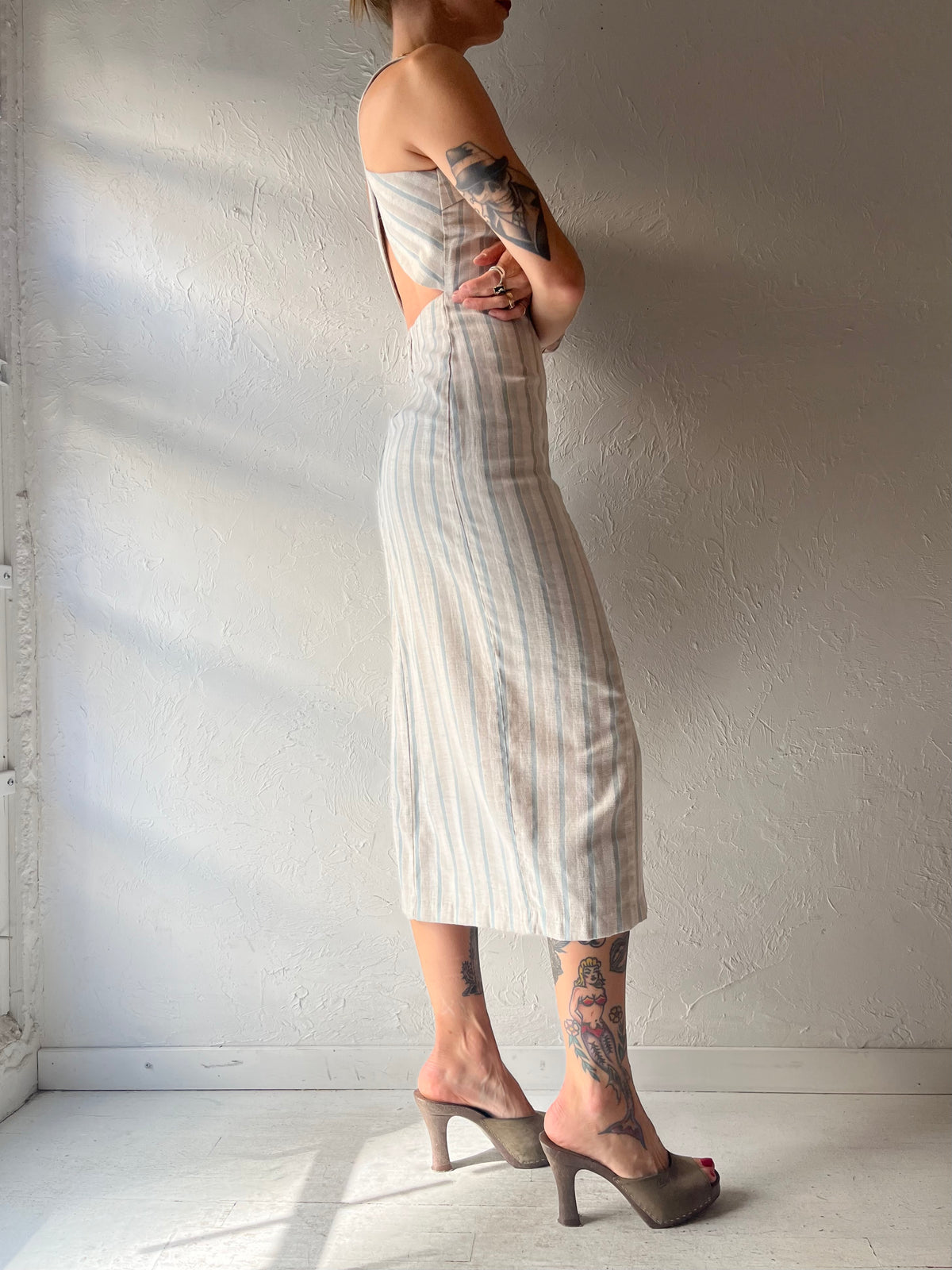90s 'DBY' Striped Cross Back Midi Dress / Small
