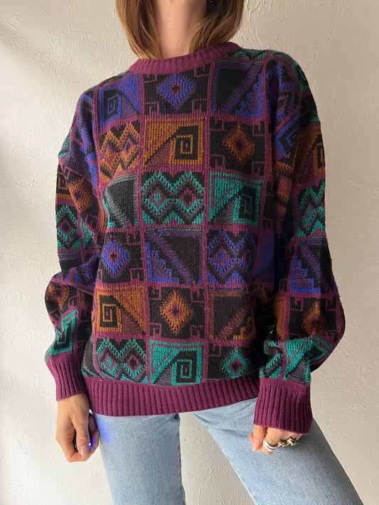 90s 'Permit' Abstract Patterned Acrylic Grandpa Sweater / Large