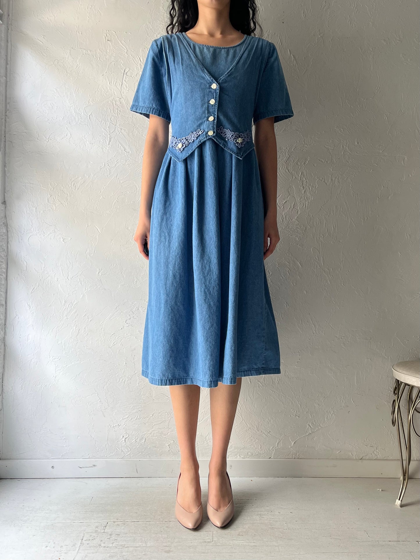 90s 'Editions' Denim Midi Dress / Large