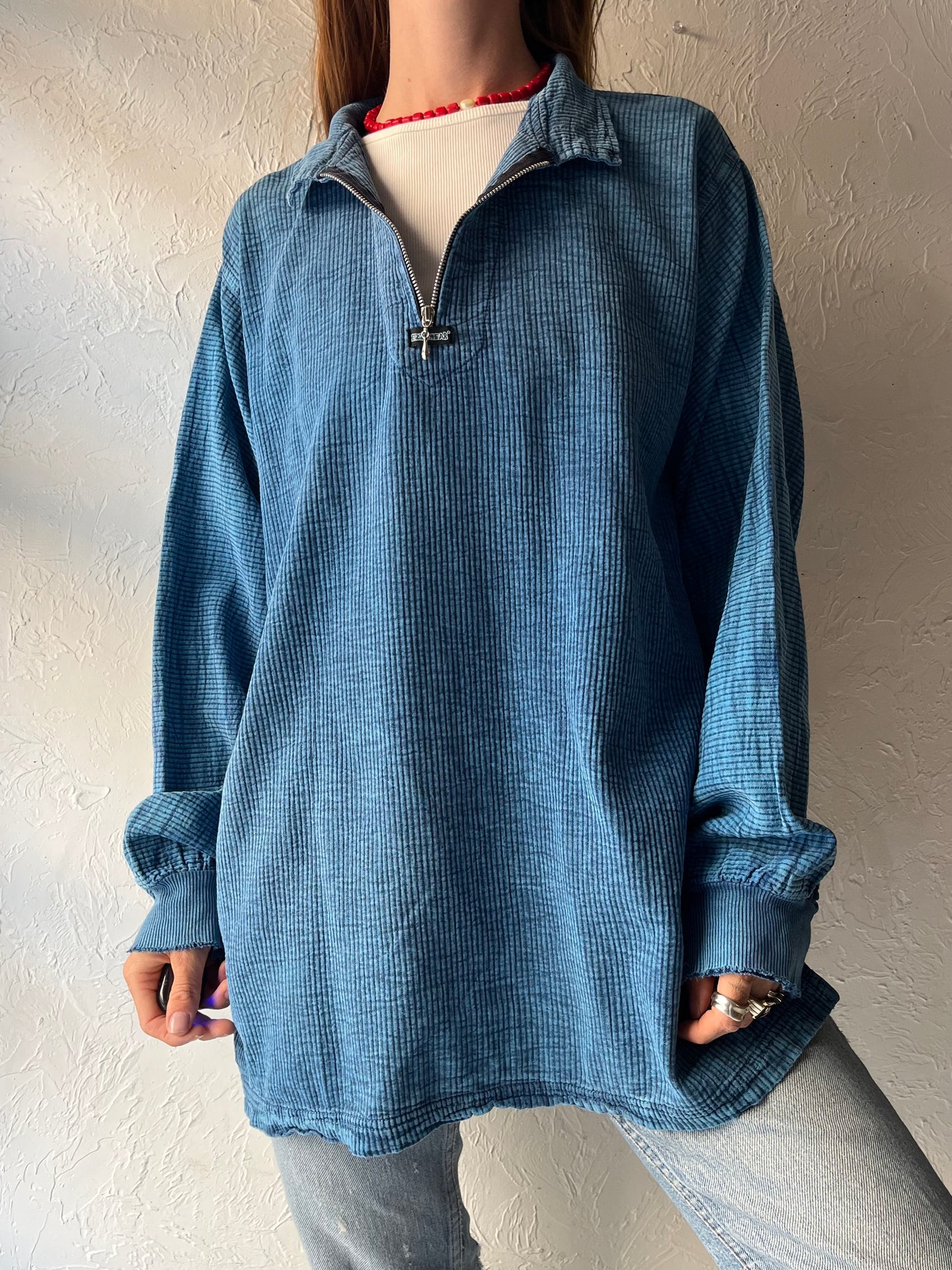 90s 'Ezze Wear' Blue Corduroy Half Zip Shirt / Large