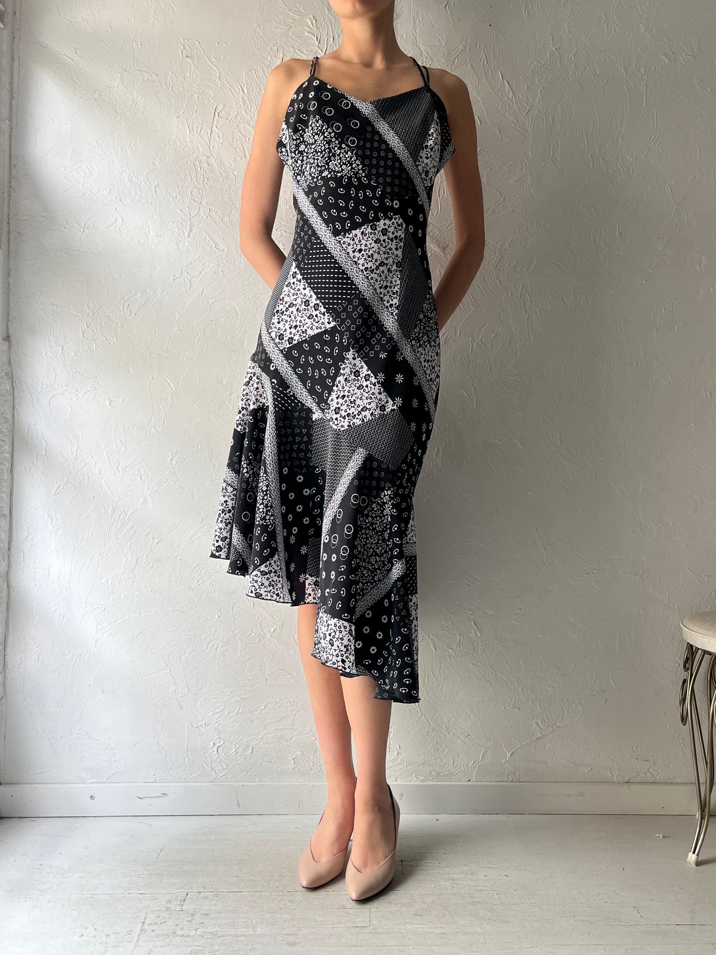 90s 'Jessica' Black Asymmetrical Patchwork Dress / Medium