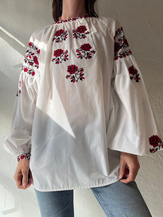 70s White Cotton Needle Point Bell Sleeve Top / Medium