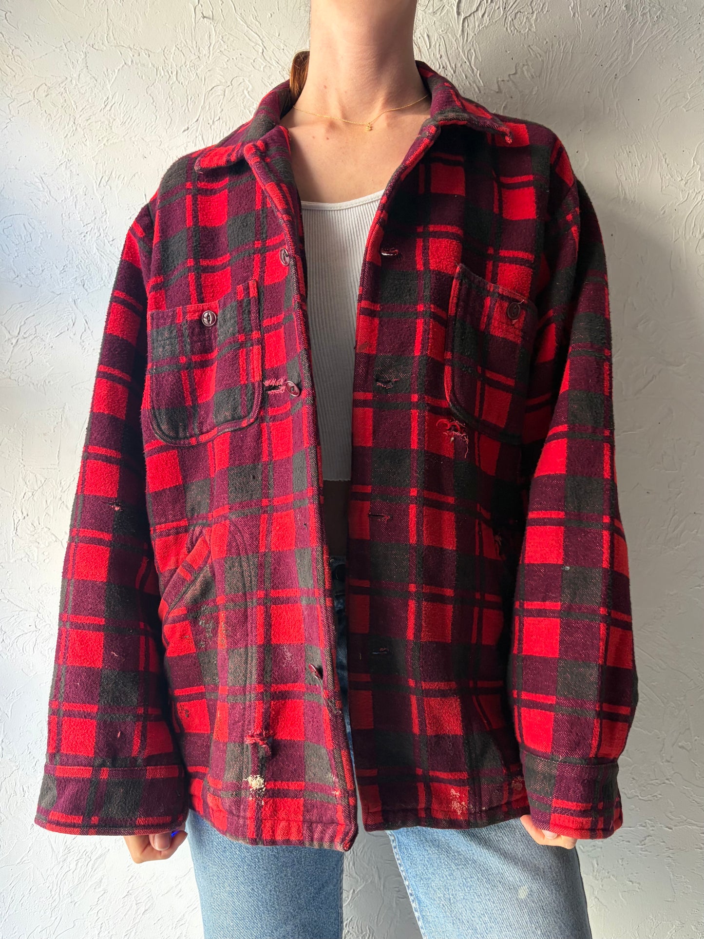 90s 'Champion' Red Trashed Cotton Plaid Oxford / 1990s Work Wear Button Up Shirt / Large