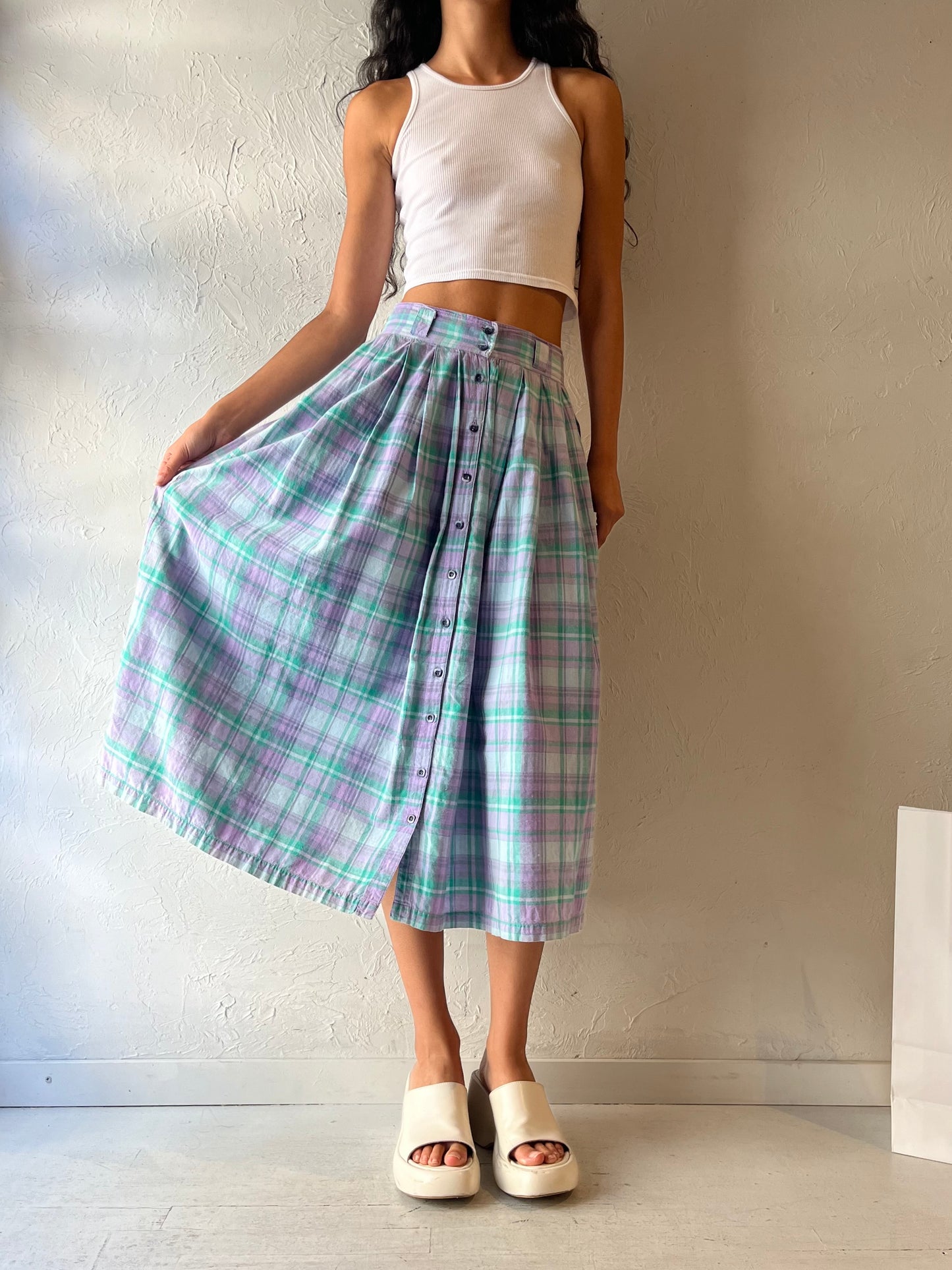 90s 'Southern Comforts' Plaid Cotton Midi Skirt / Small - Medium