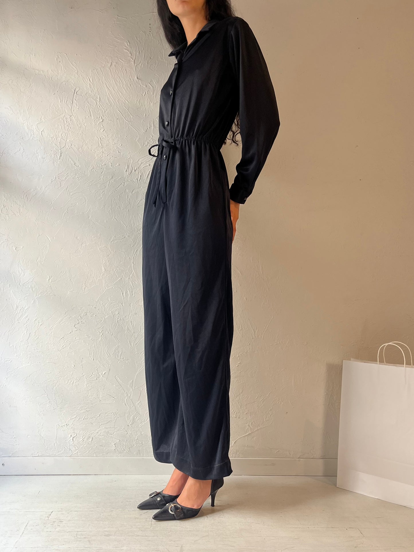 Vintage Handmade Black Silky Jumpsuit / Small