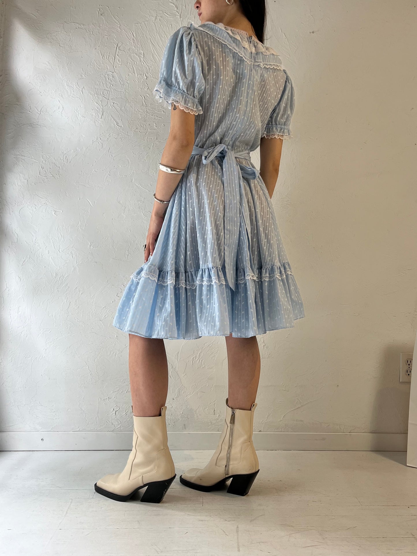 Vintage Handmade Blue Puff Sleeve Prairie Dress / Small