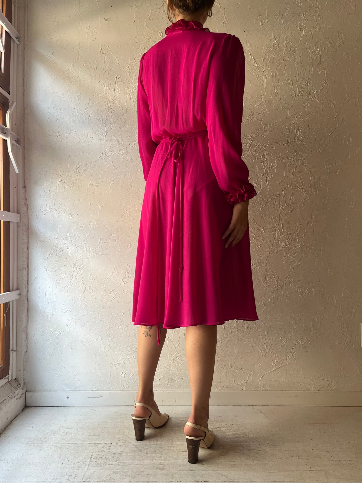 80s 'Algo' Retro Pink Long Sleeve Spring Casual Midi Dress / Medium
