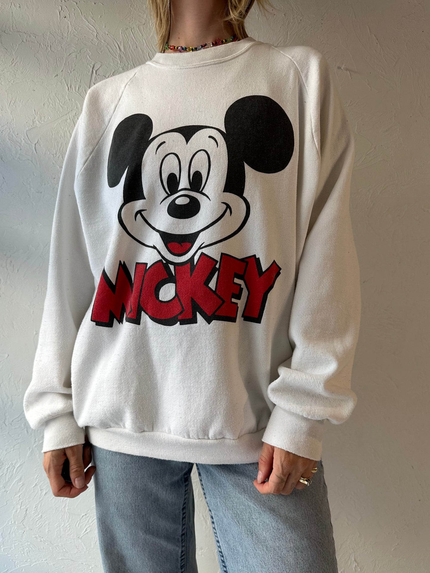 90s 'Disney' Mickey White Crew Neck Sweatshirt / Medium