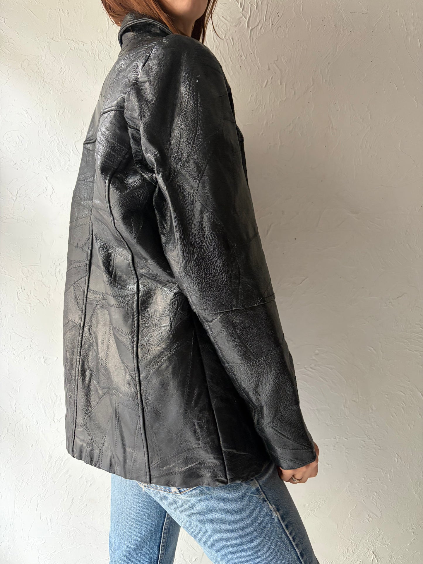 90s 'Leather & Soul' Black Patchwork Leather Jacket / Medium