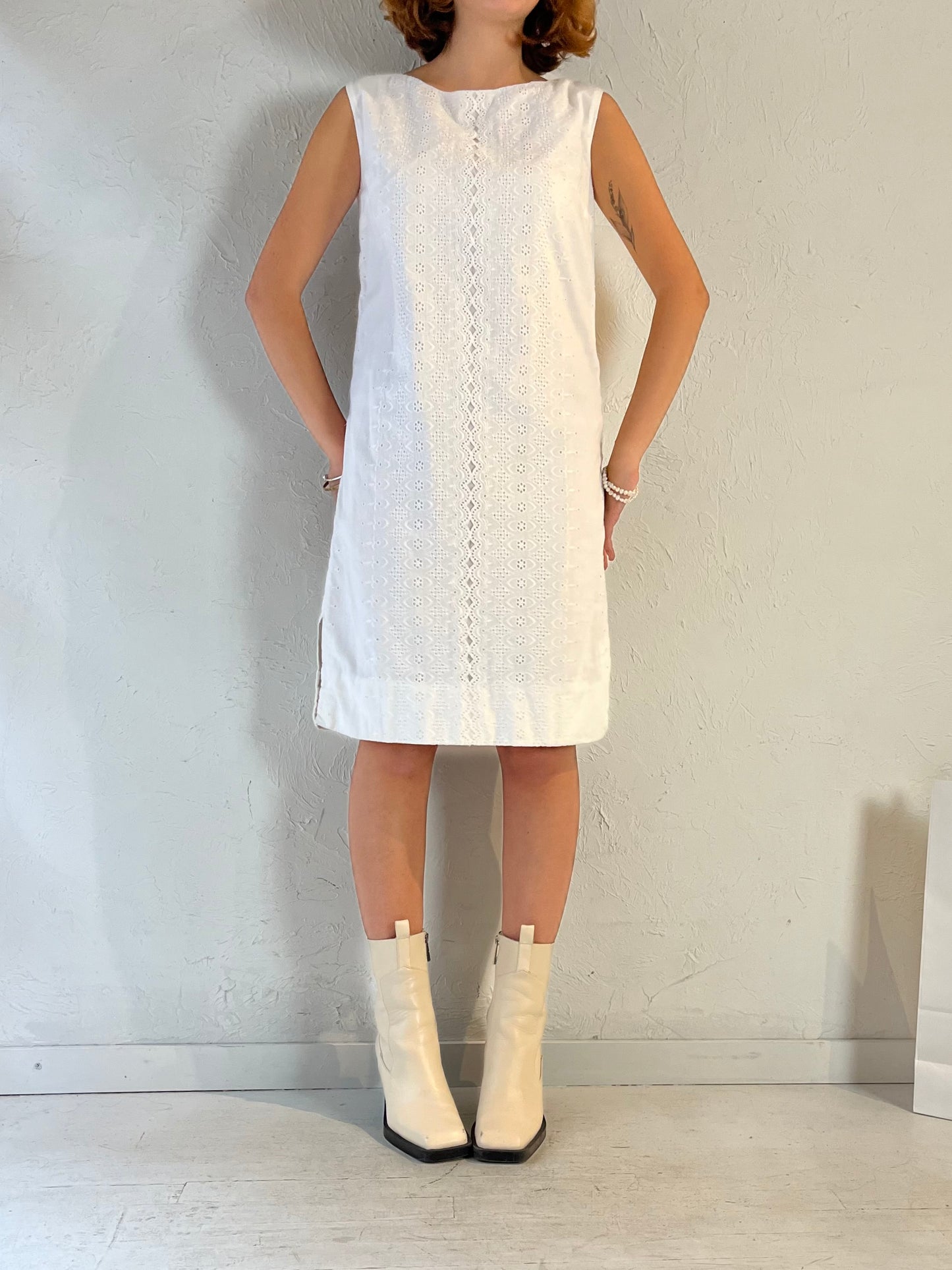 80s 'Marge Hall' White Eyelet Midi Dress / Small