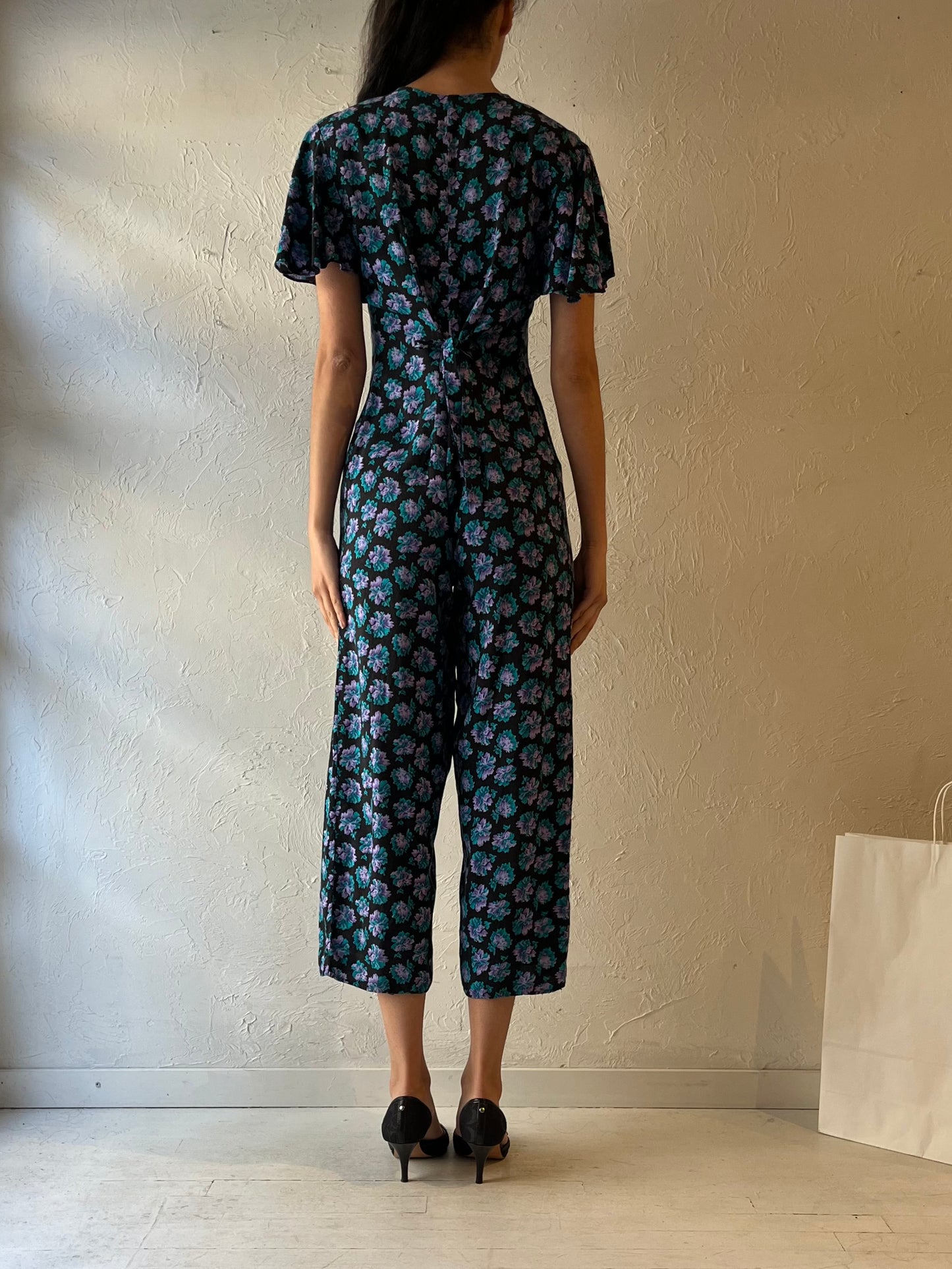 90s ‘Creme’ Blue Floral Jumpsuit / Small - Medium