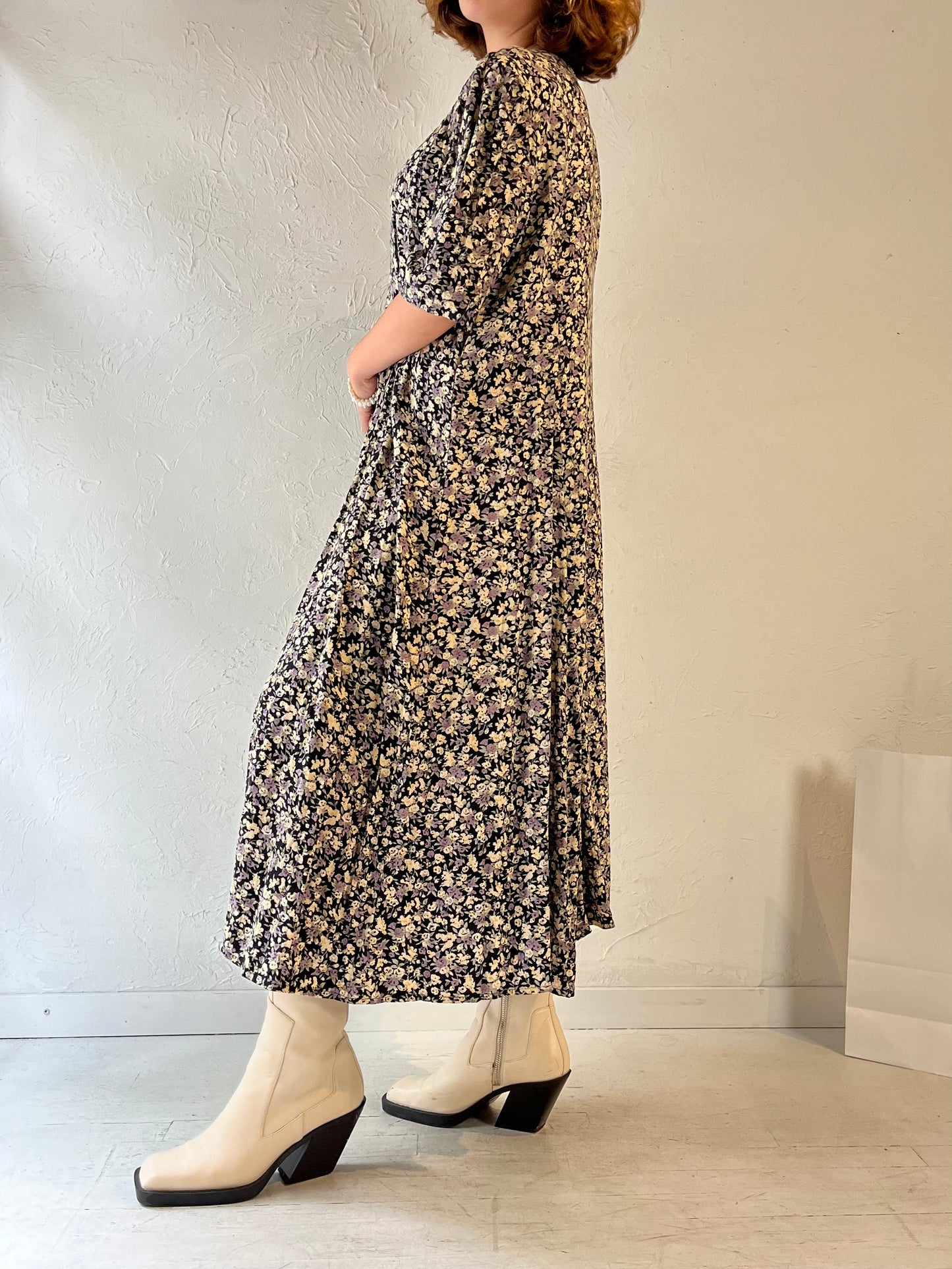 90s 'Scarlet' Floral Print Rayon Maxi Dress / Large