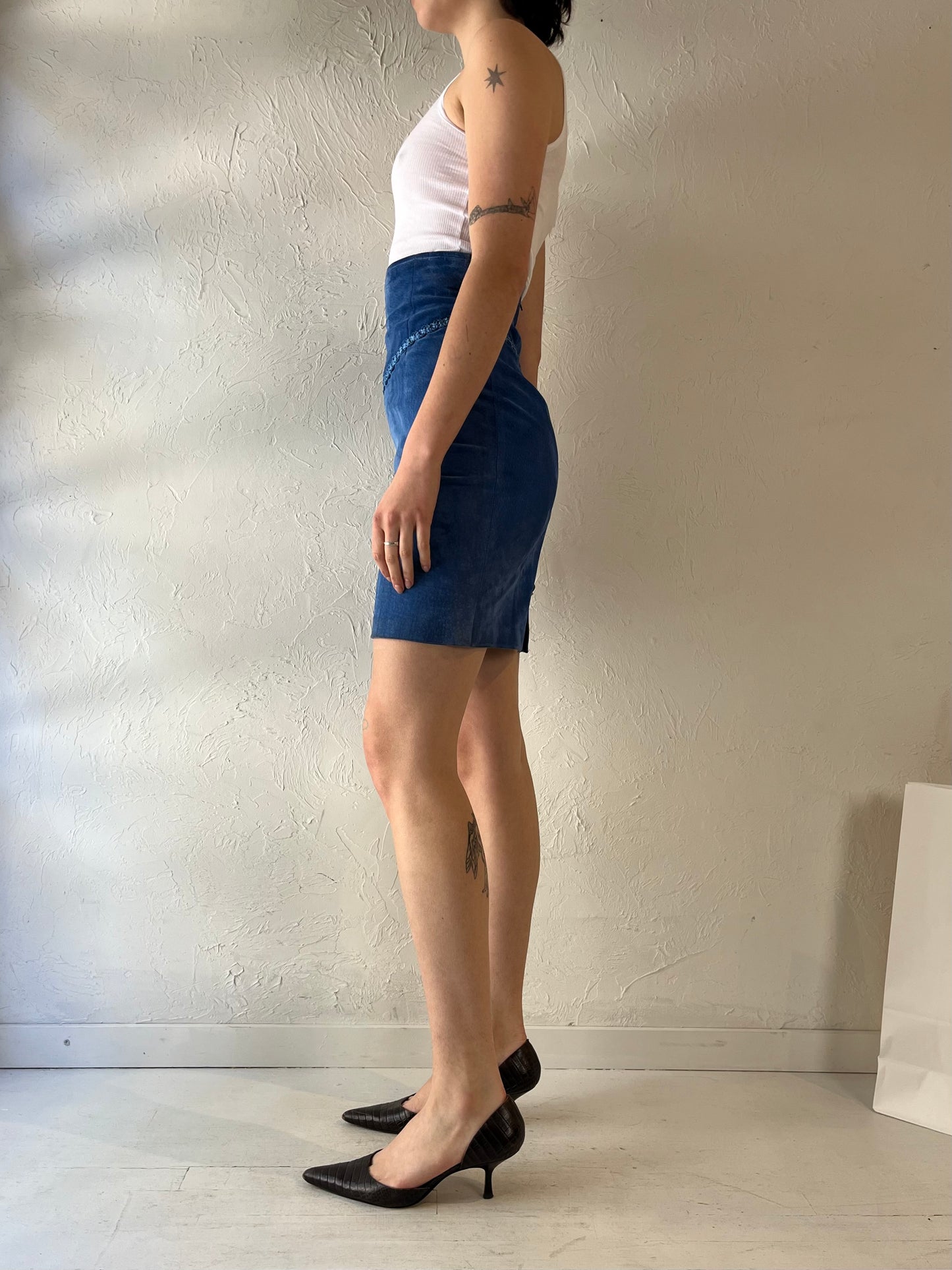 90s 'Danier' Blue Suede Pencil Skirt / Small