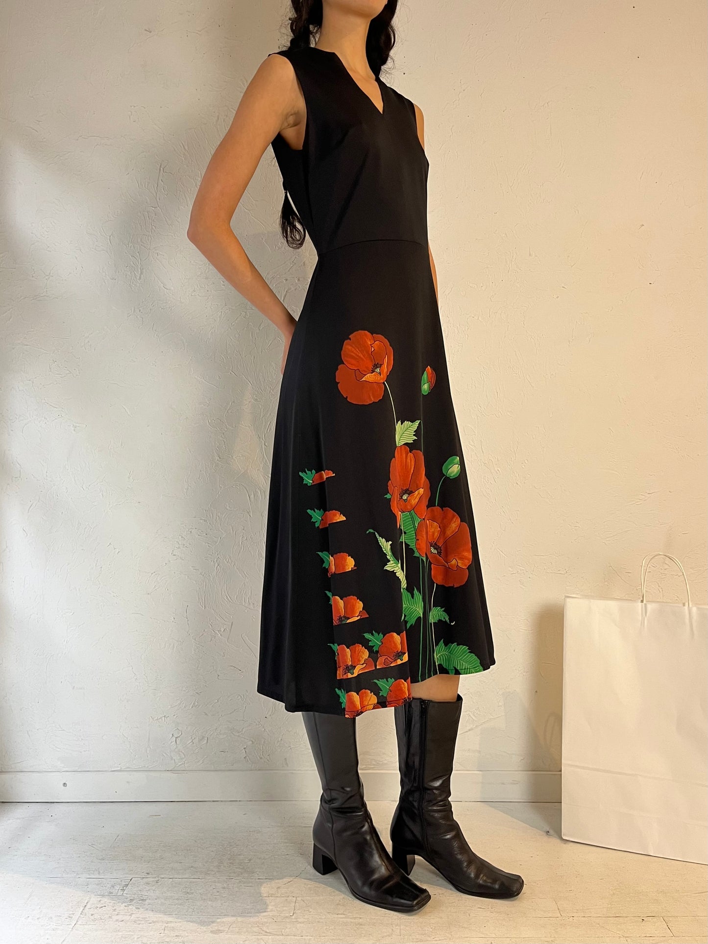 90s ‘Ein Fink Model’ Black Floral Midi Dress / Large