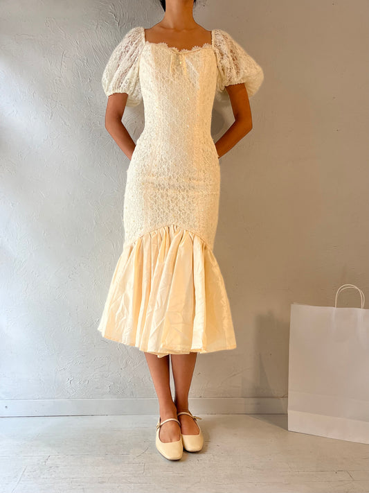 80s Handmade Cream Lace Wedding Dress / Small