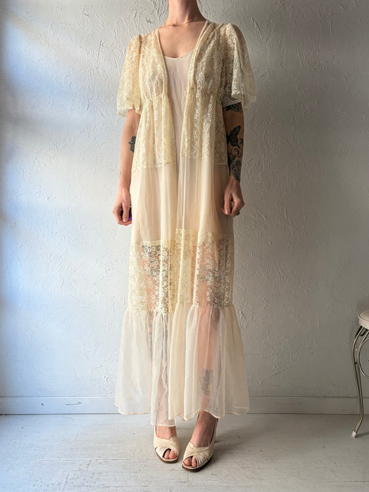 80s 'Movie Star' Cream Lacey Peignoir Robe / Small