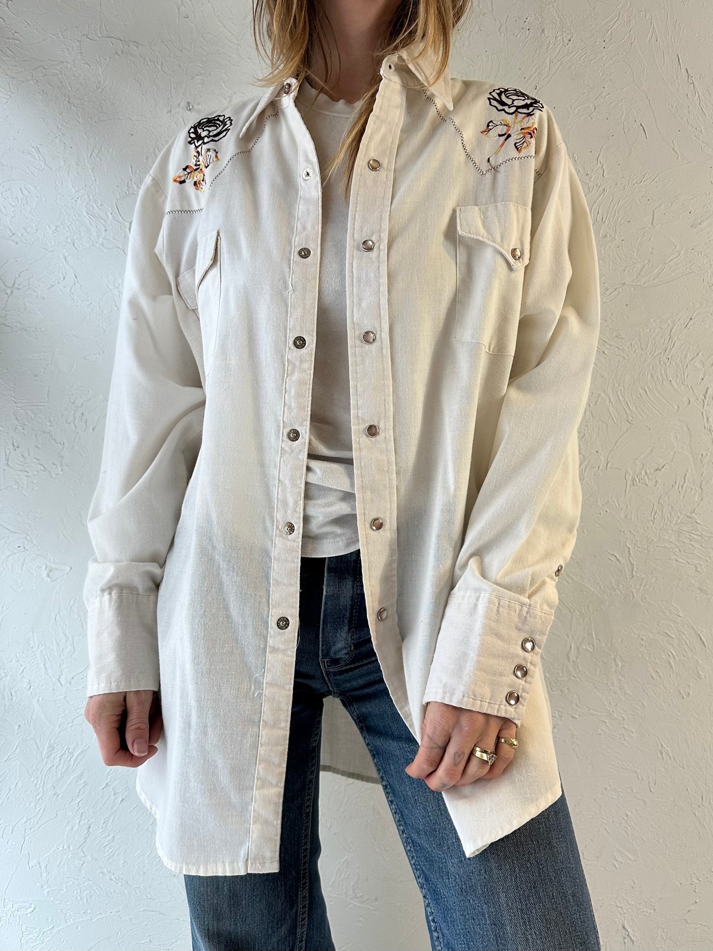 80s ‘MWG’ White Pearl Snap Western Shirt / XL