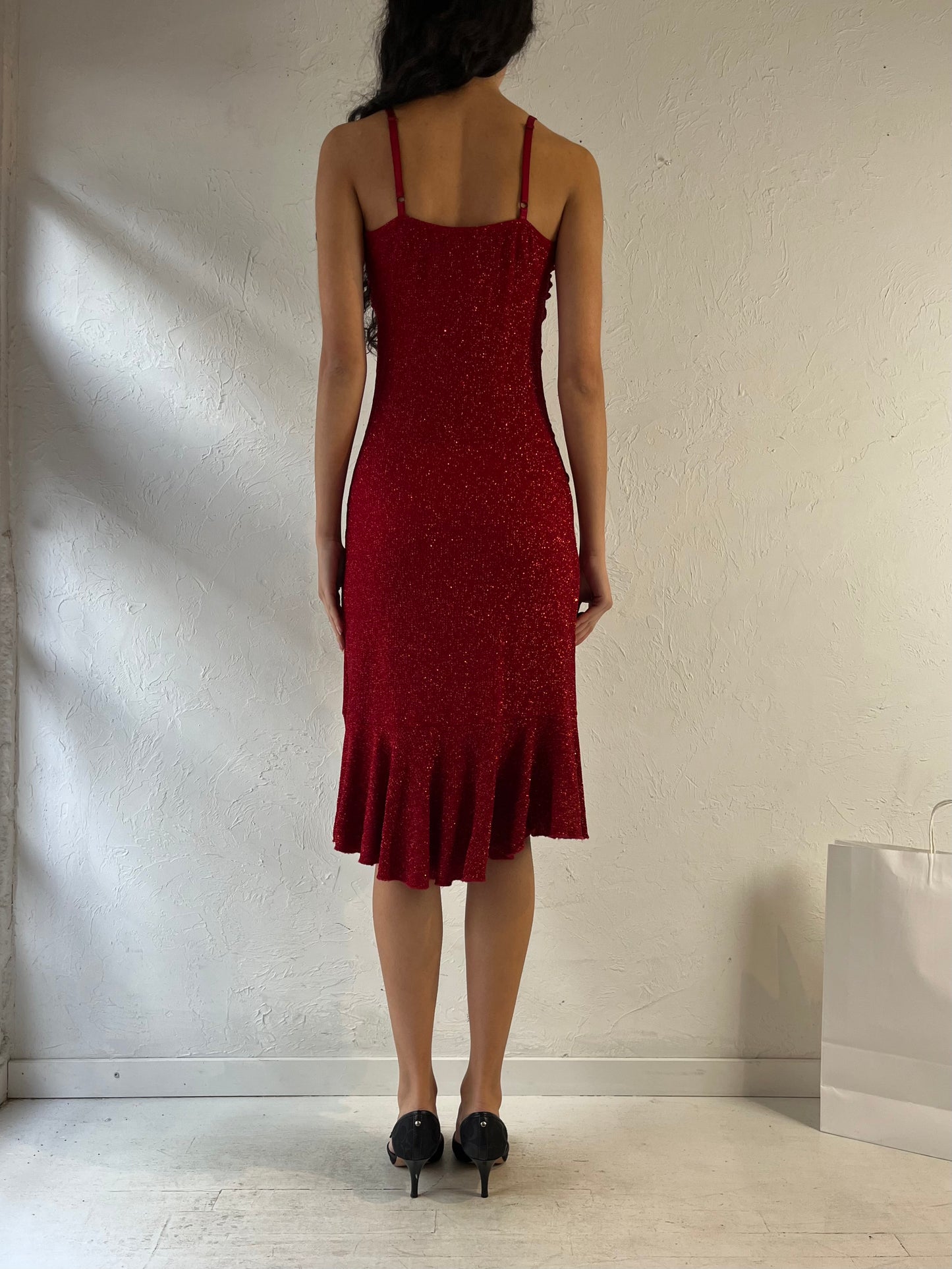 90s ‘Le Chateau’ Red Sparkly Evening Dress / Small - Medium