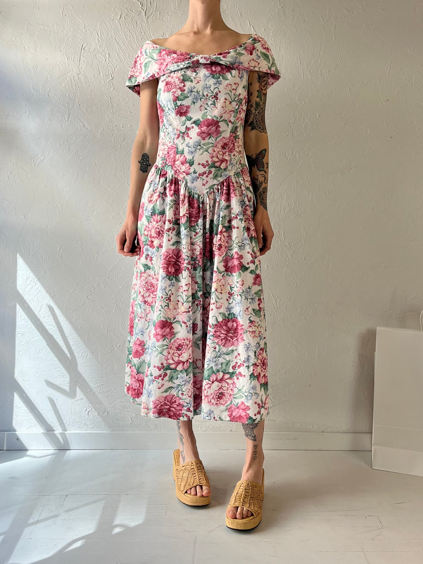 90s Cotton Floral Print Midi Dress / Medium