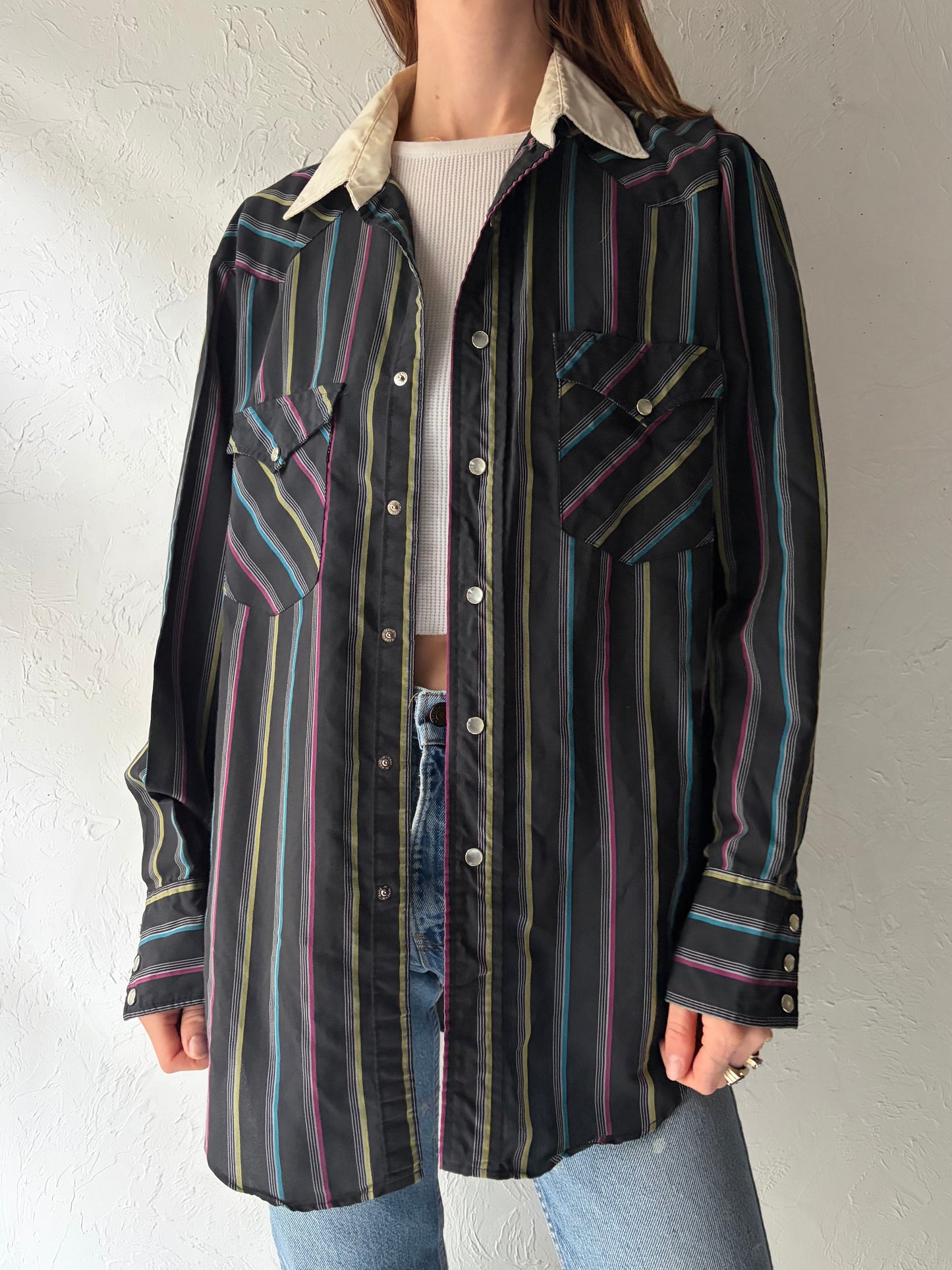 70s 'Ranch Wear' Black Striped Western Snap Up Shirt / Vintage 1970s Cowboy Workwear Shirt / Large