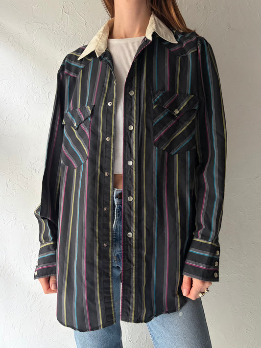 70s 'Ranch Wear' Black Striped Western Snap Up Shirt / Vintage 1970s Cowboy Workwear Shirt / Large