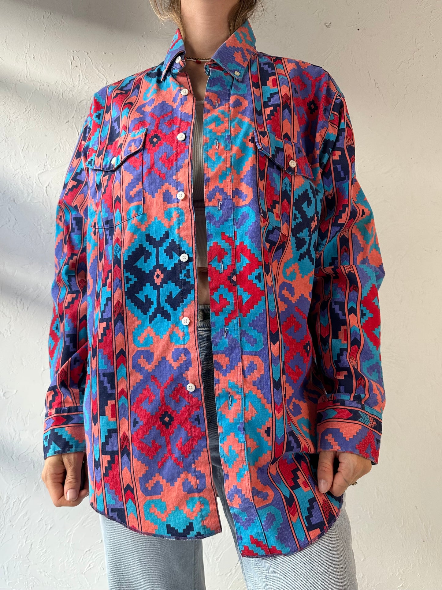 90s 'Wrangler' Patterned Button Up Western Shirt / Large