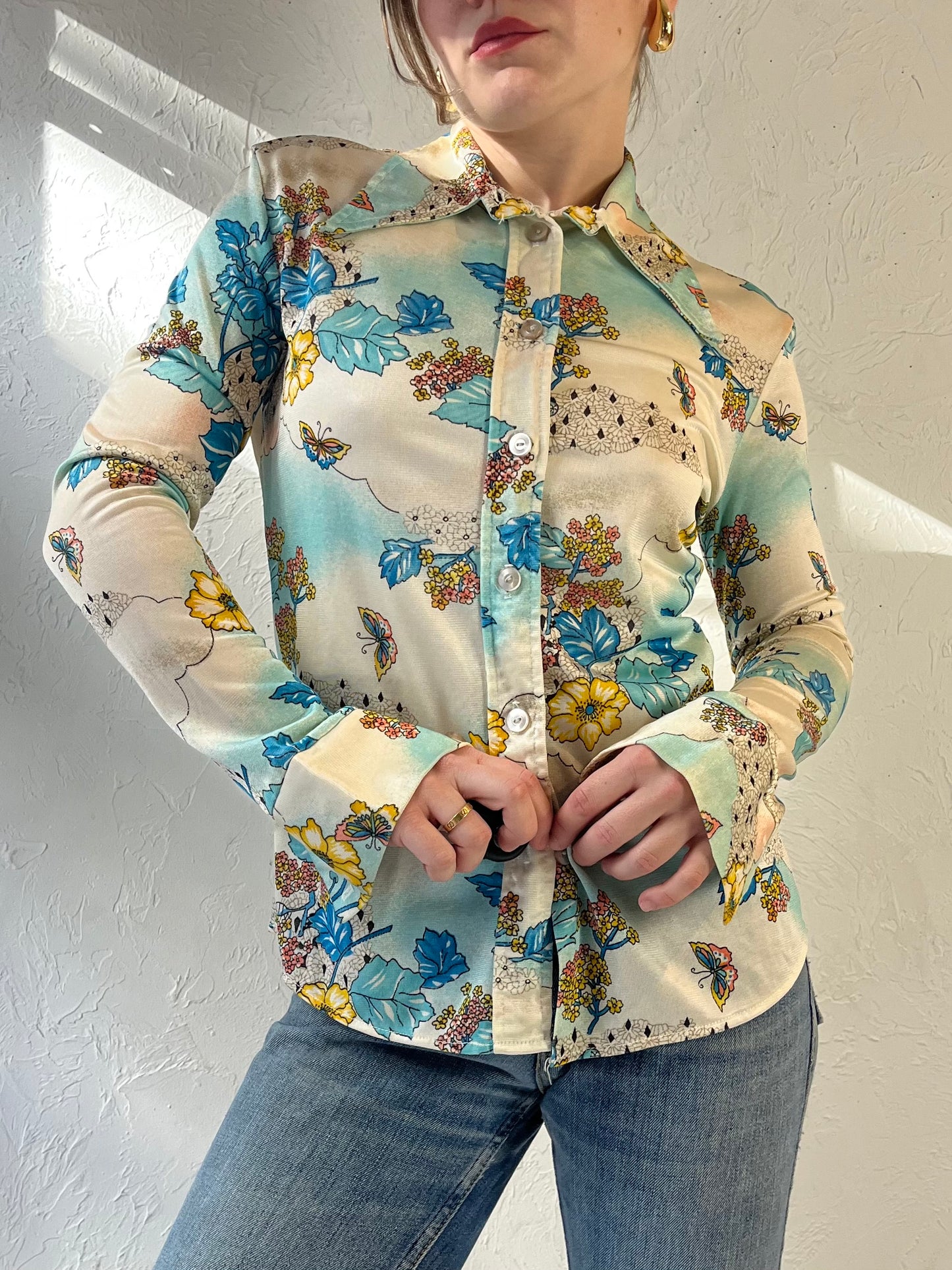 70s Union Made Blue Floral Button Up Blouse / Small