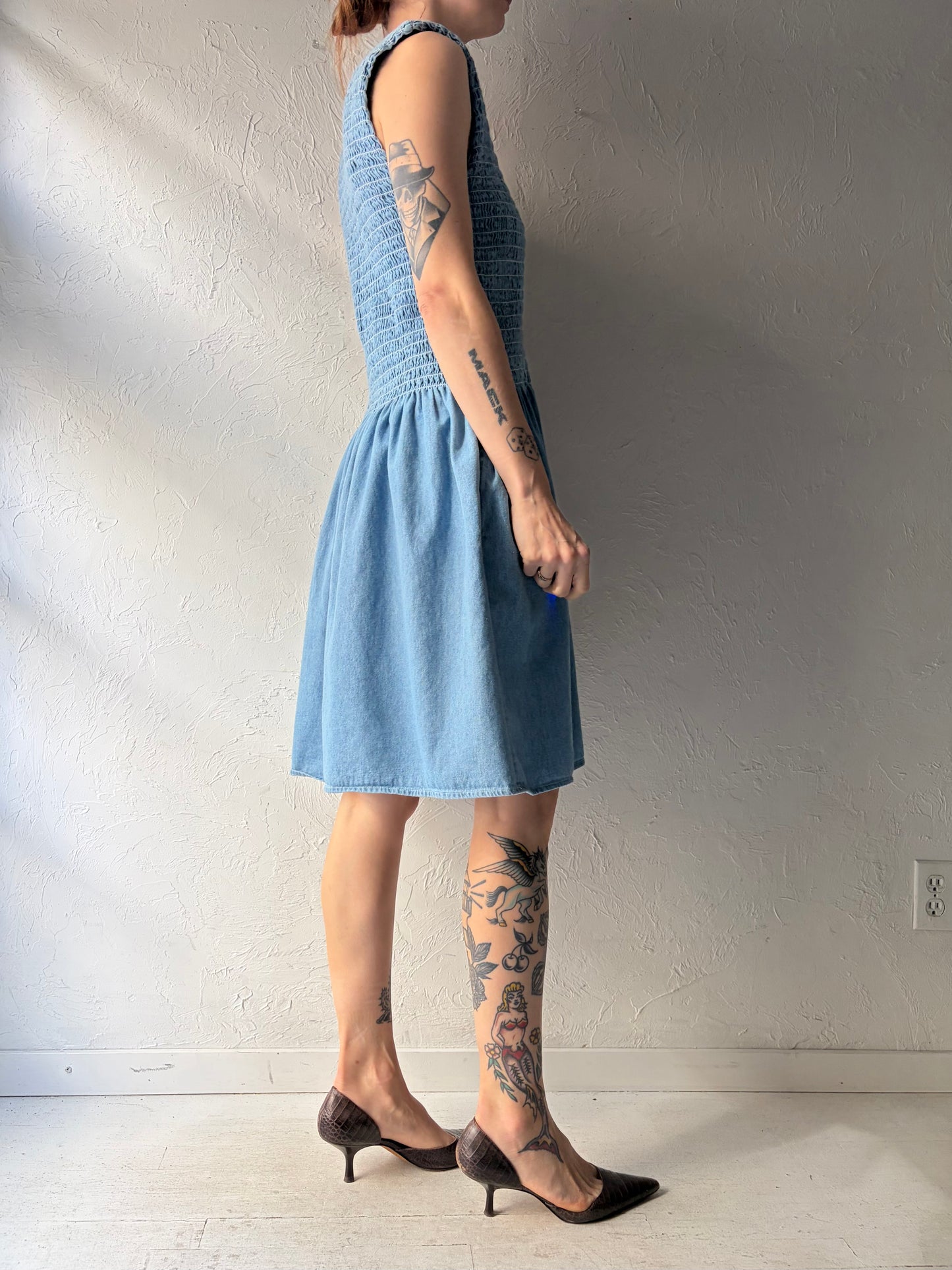 Y2k 'Leisure Wear' Light Denim Smocked Dropped Waist Western Summer Dress / Small -Large