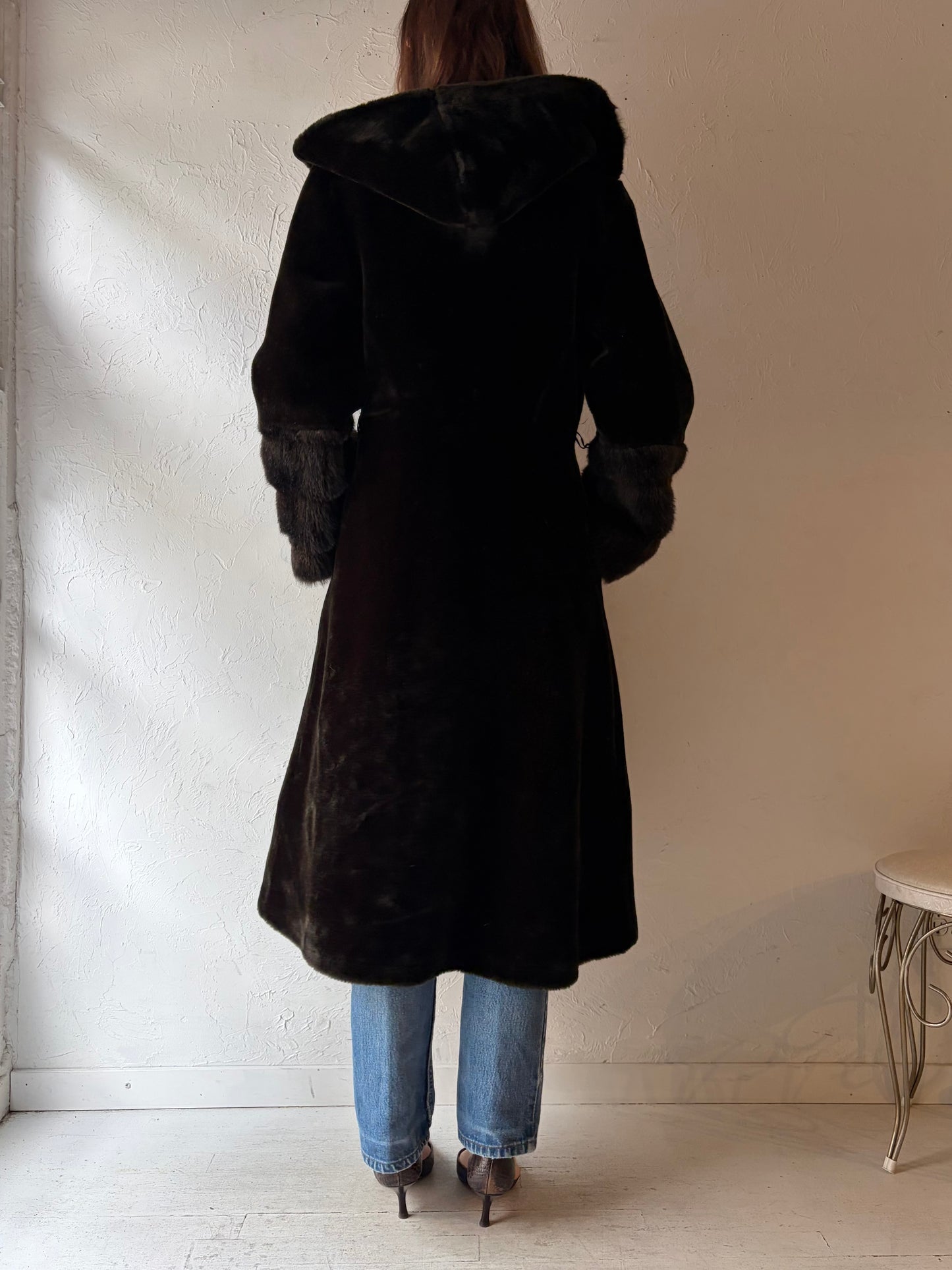 Vintage Hooded Brown Faux fur Coat / Medium
