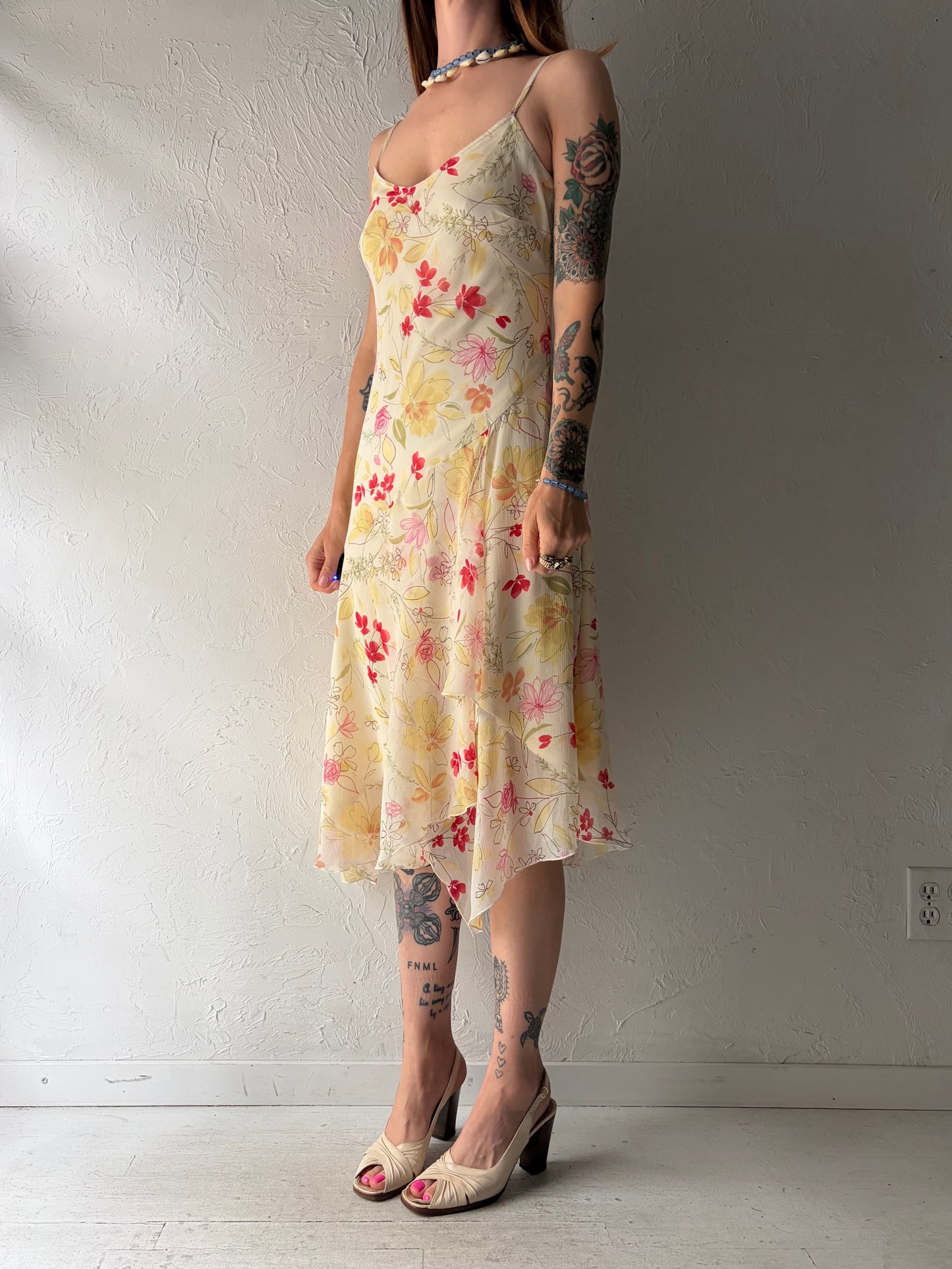 90s 'Studio Y' Yellow Floral Print Summer Dress / Small