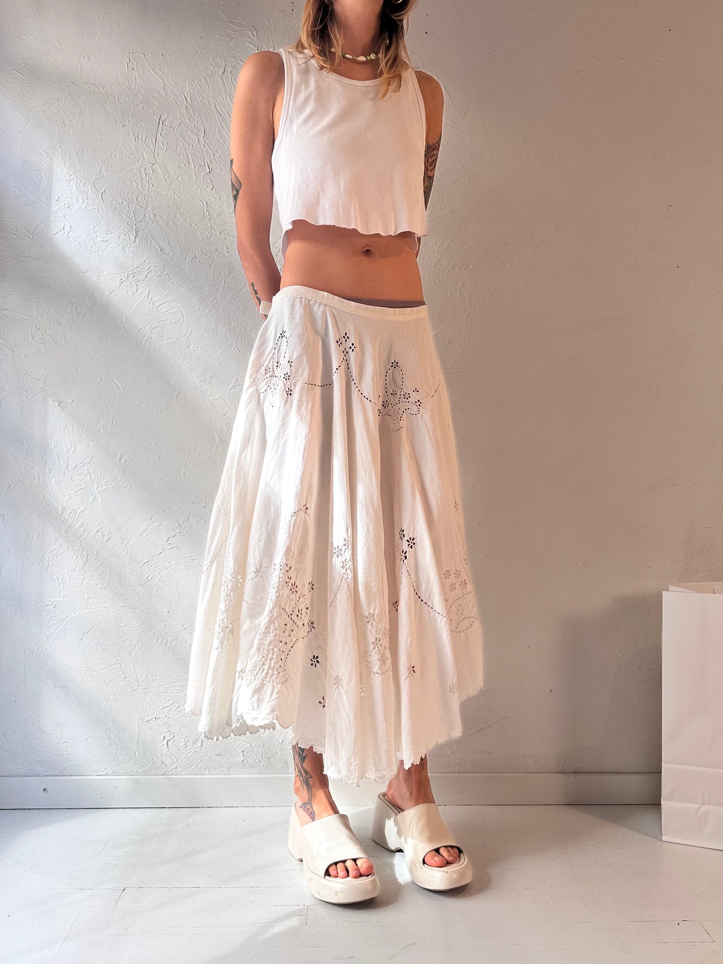 Vintage Handmade White Eyelet Midi Skirt / Medium