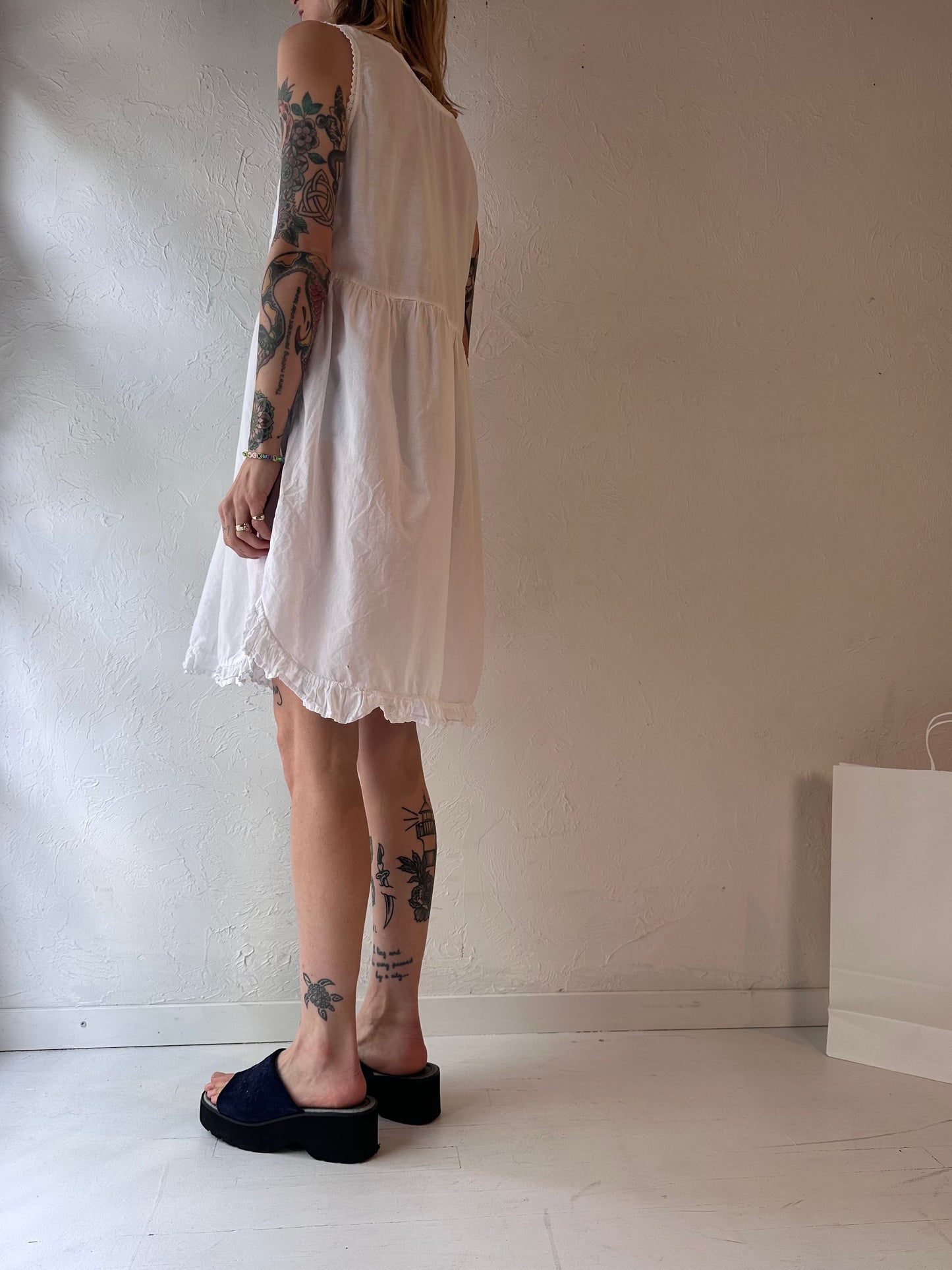 90s 'For The Home' White Cotton Dress / Large