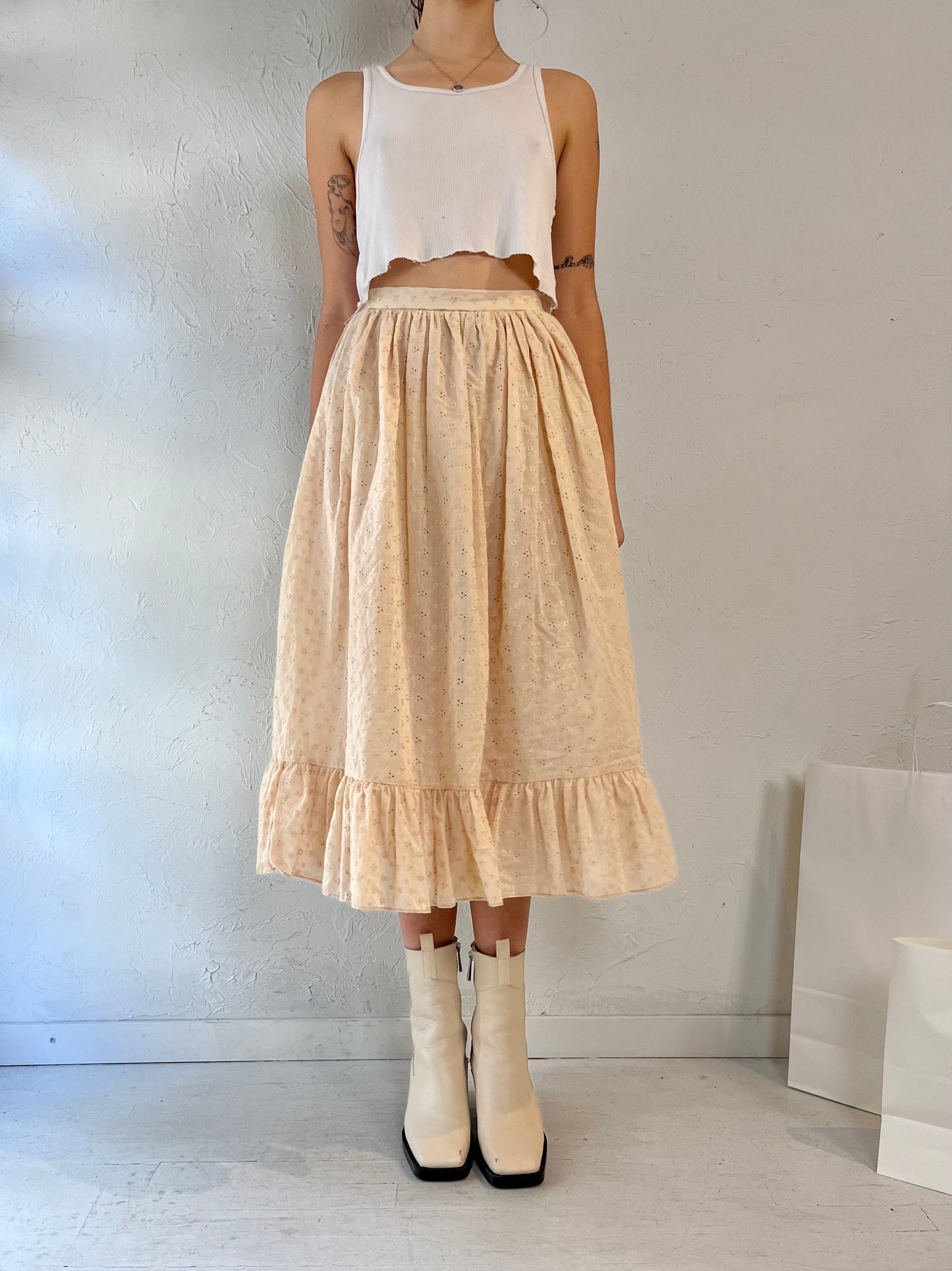 Vintage Cream Eyelet Midi Skirt / Small