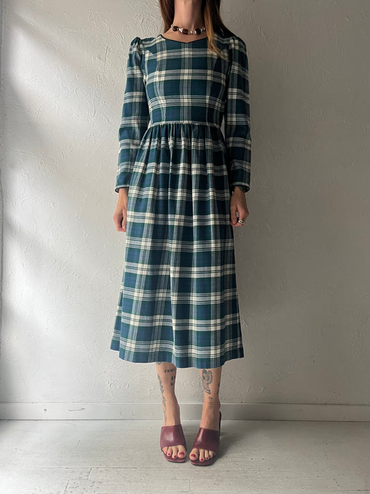 90s 'Laura Ashley' Blue & Green Plaid Academia Grungecore Fall Midi Dress / XSmall