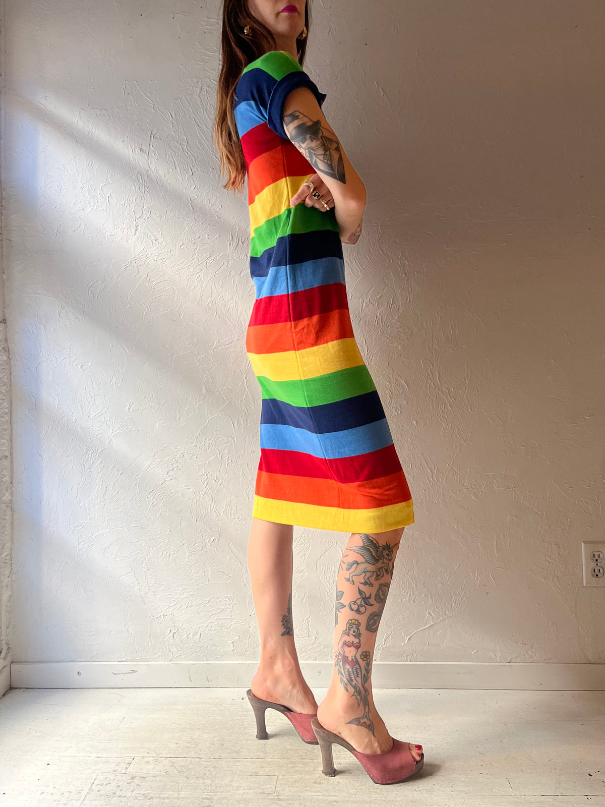 Vintage Rainbow Striped Retro Mod Colorblock Summer Midi Dress / Small