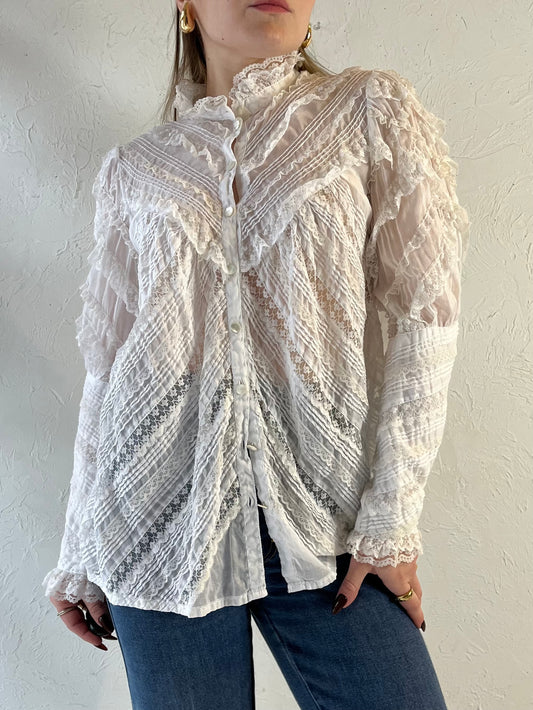 Vintage White Lace Long Sleeve Blouse / Small