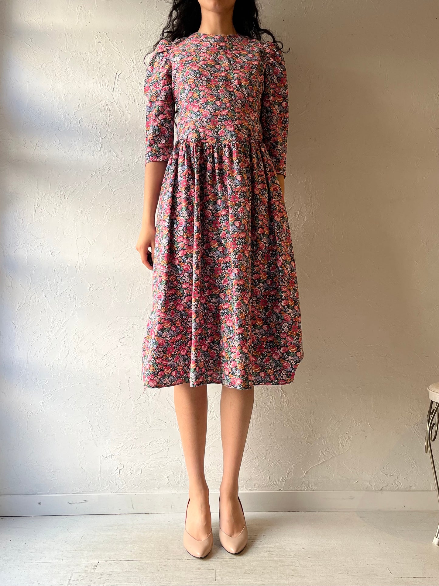 Vintage Floral Handmade Cottagecore Prairie Garden Party Summer Midi Dress / Small
