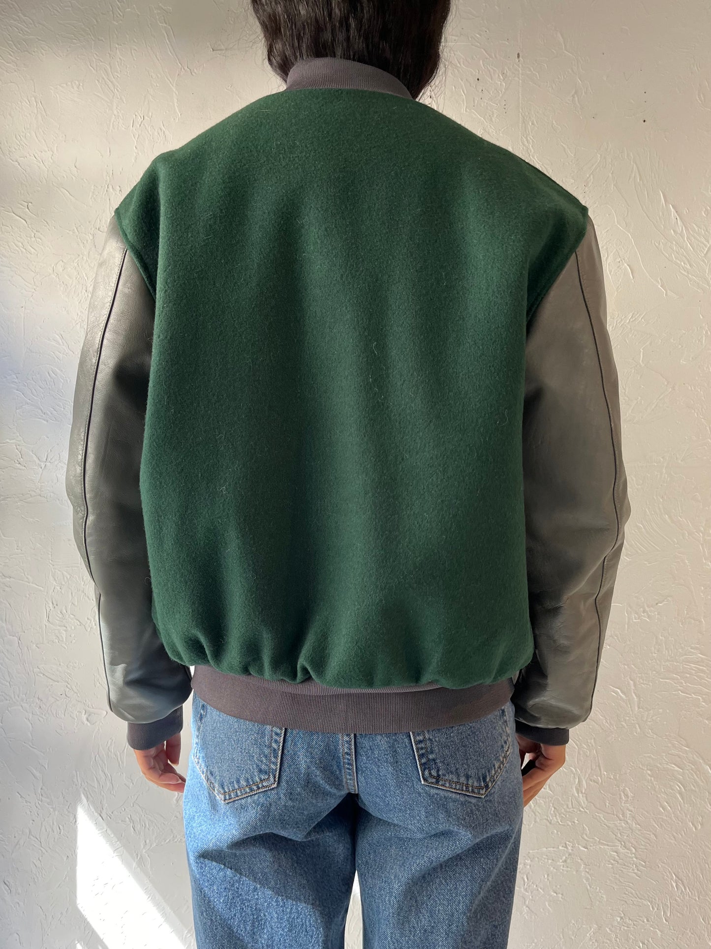 80s 'Chevron' Green Wool Leather Bomber Jacket / Medium