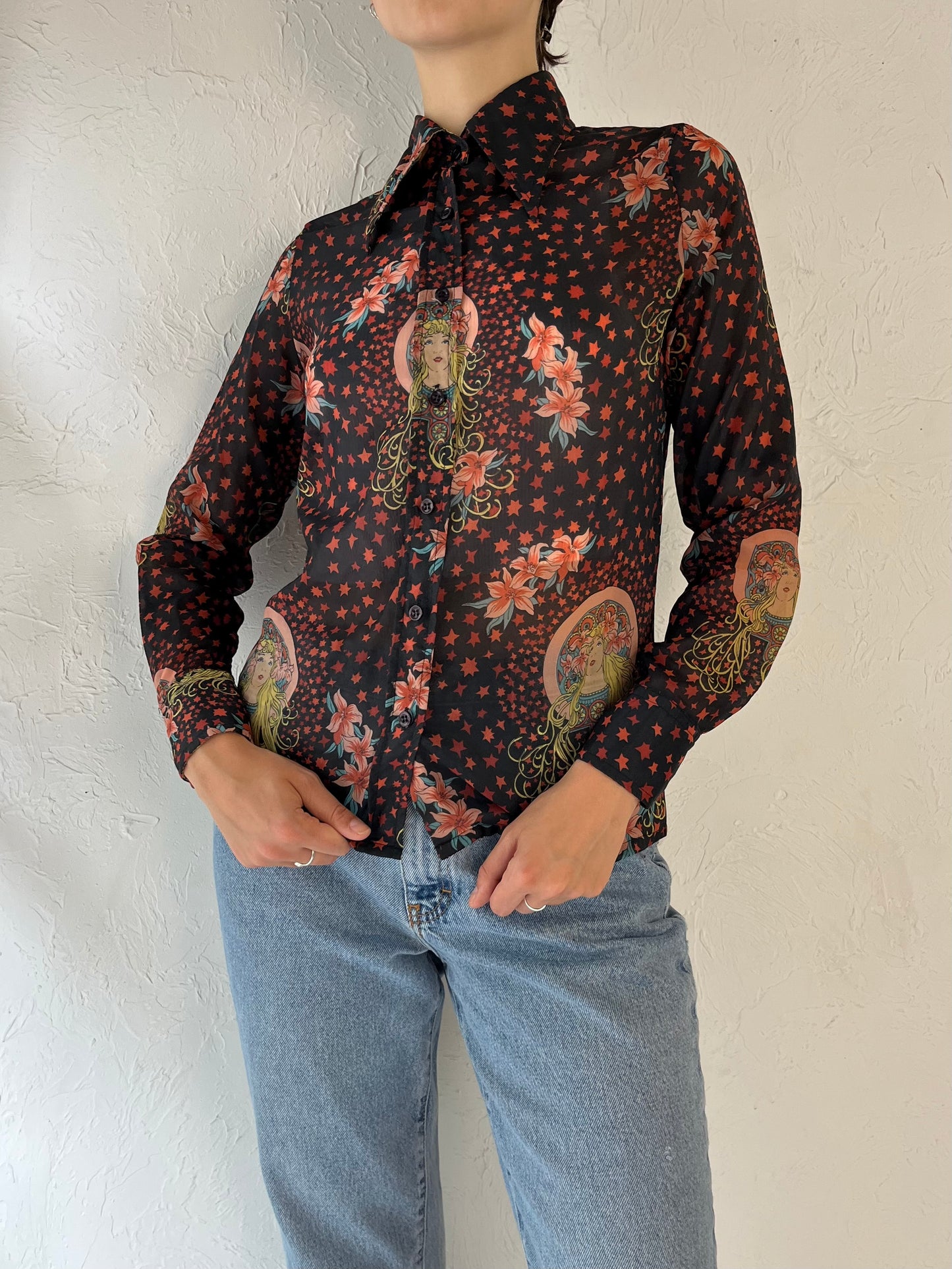 70s 'Chocolat Shop' Sheer Star Blouse / Made in Canada / Small