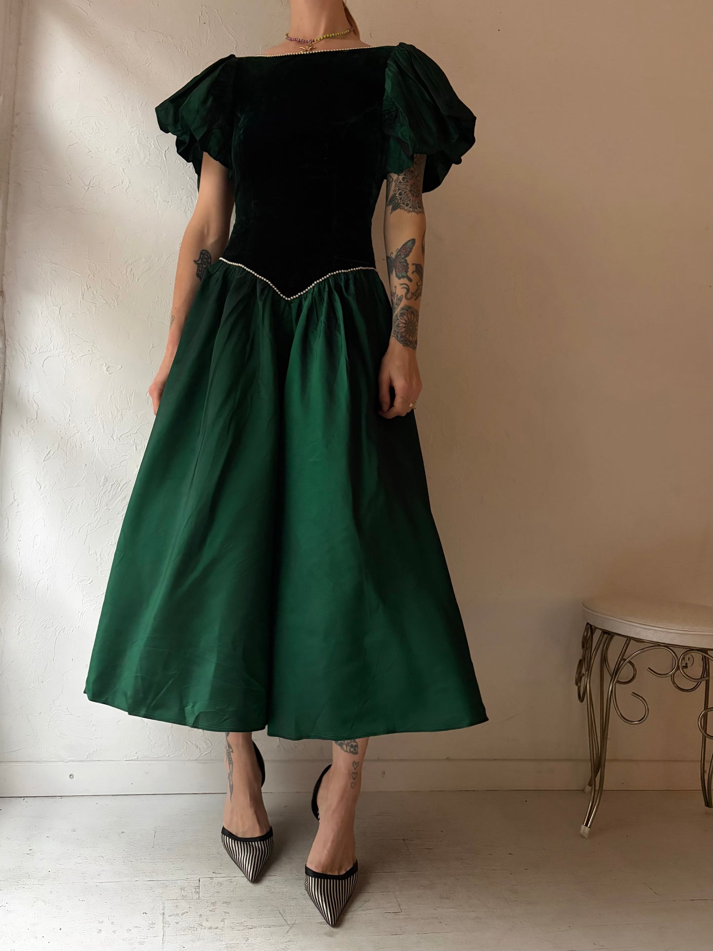 80s 'What's Up' Matallic Green Formal Gown / Small