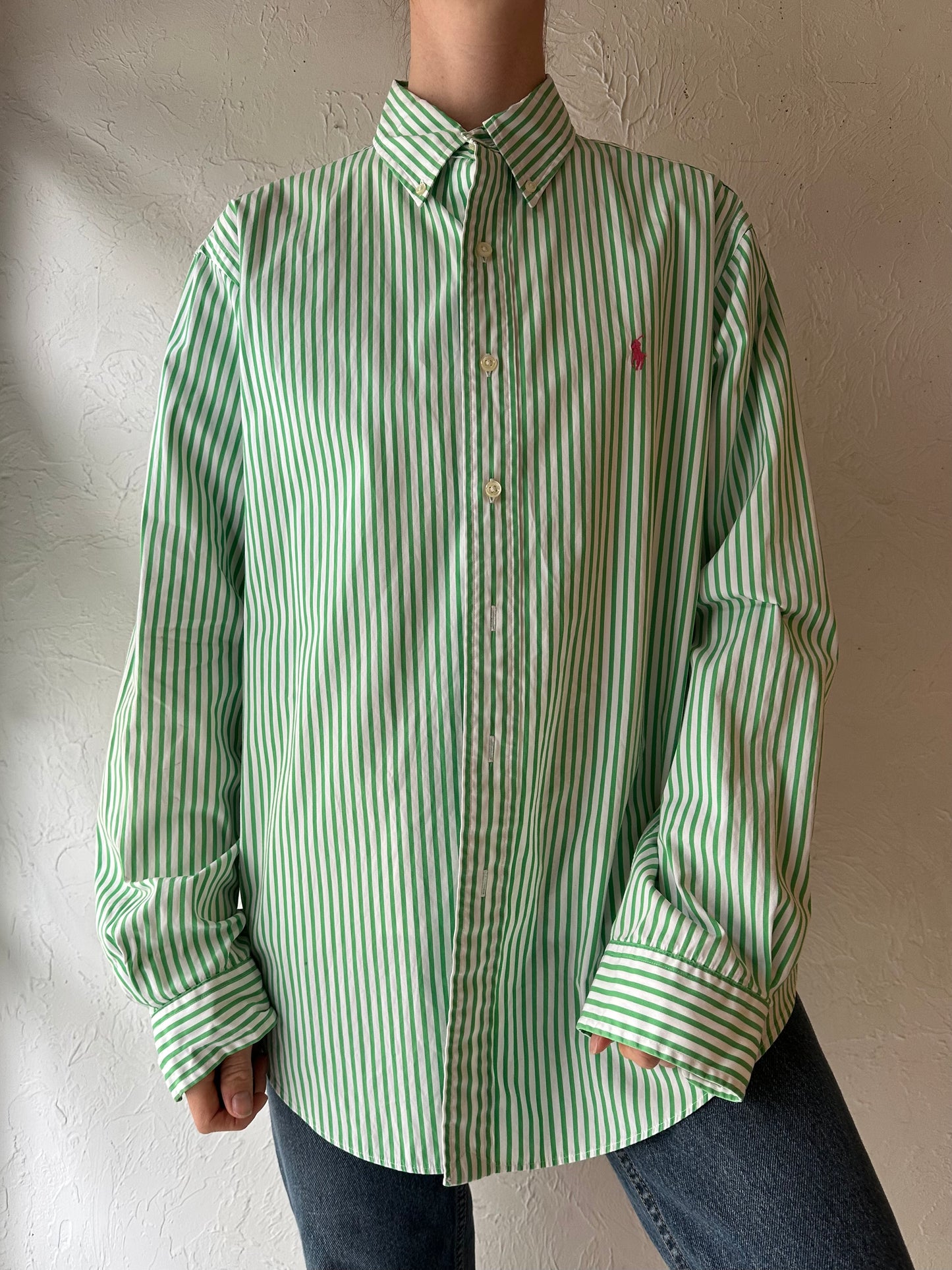 Y2k 'Ralph Lauren' Green Striped Button Up Shirt / Large