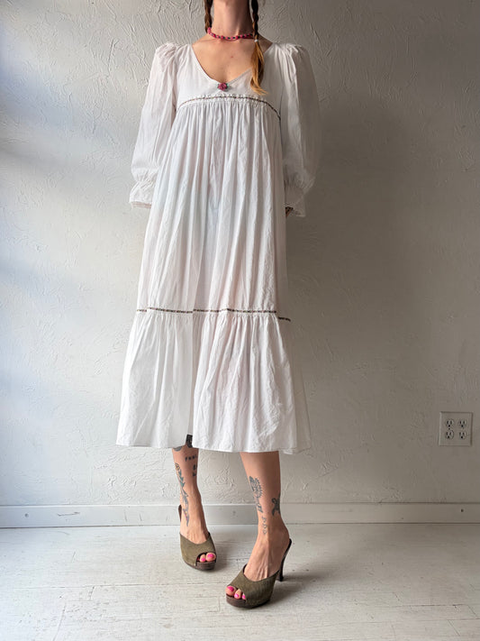 90s 'Night in White' Long Sleeve Cotton Dress / Small