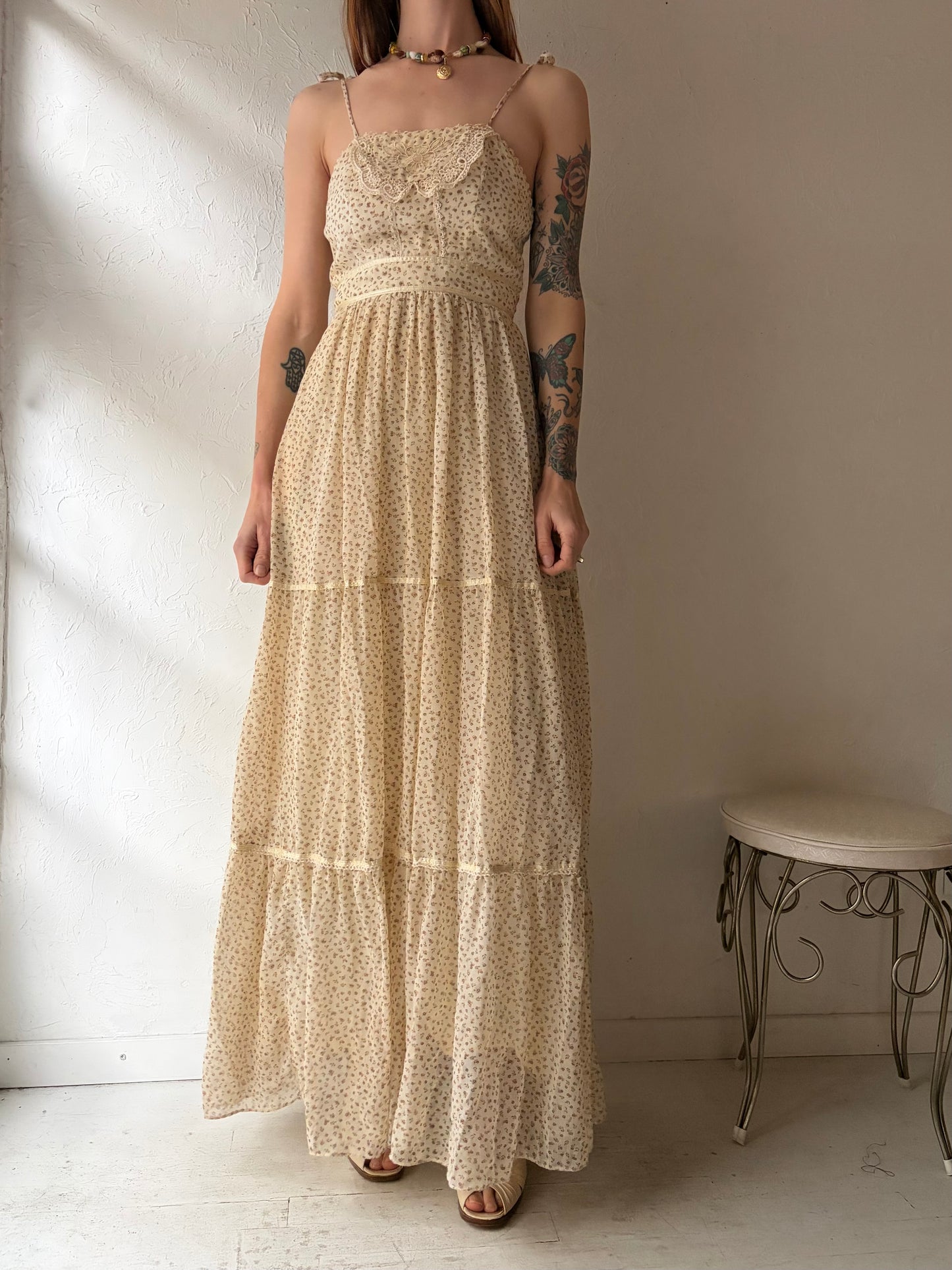 70s 'Candi Jones' Beige Peasant Dress / Small