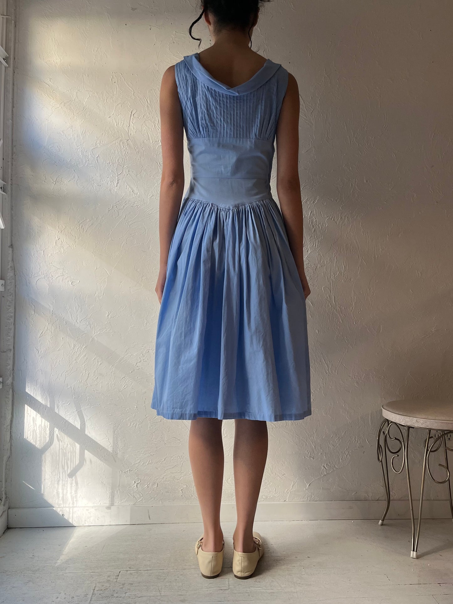 Vintage Retro Handmade Blue Cotton Tea Dress / Small