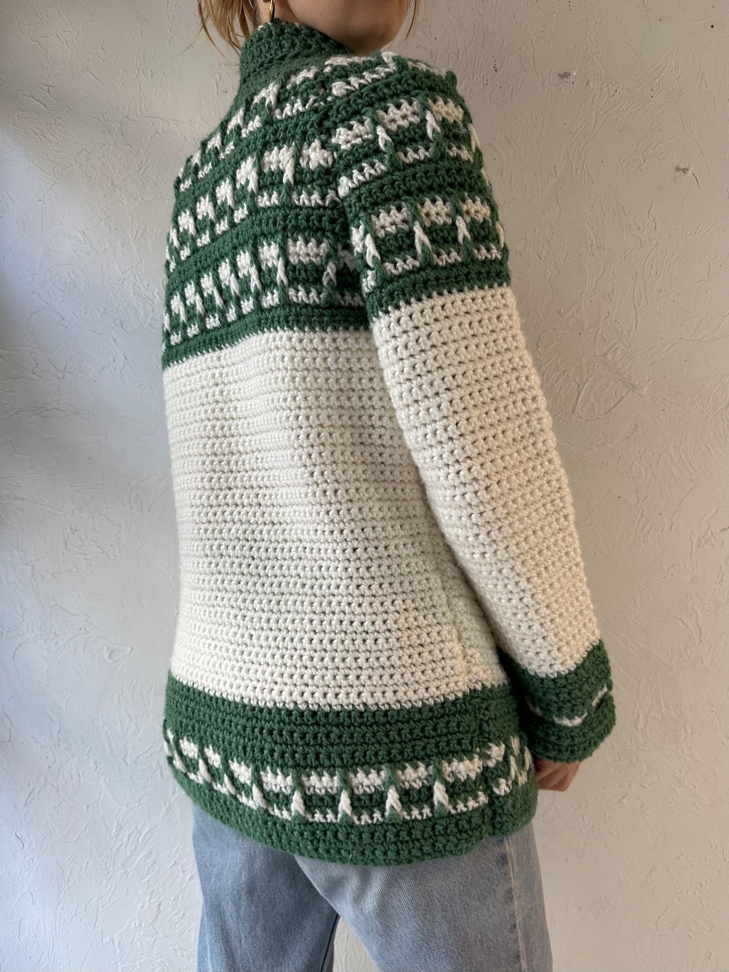 Vintage Hand Knit Green and White Acrylic Cardigan Sweater / Medium - Large