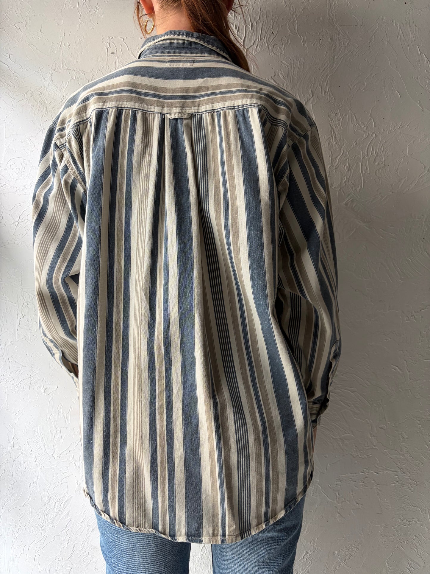90s 'True Blues' Stripped Cotton Western Workwear Button Up Shirt / Medium