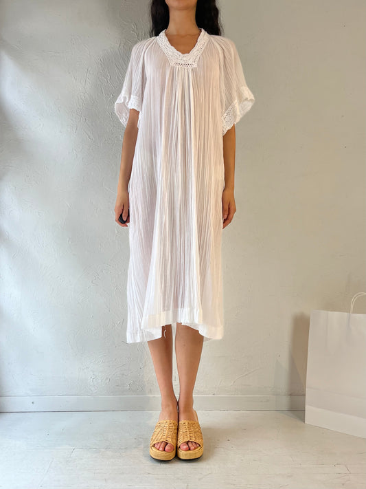 Vintage White Crochet Cotton Gauze Midi Dress / Small