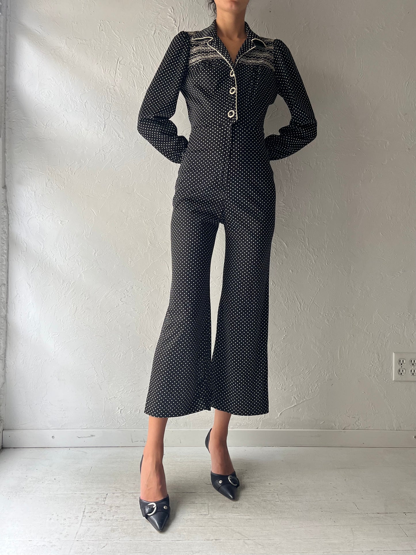 Vintage Black Polka Dot Retro Jumpsuit / Small