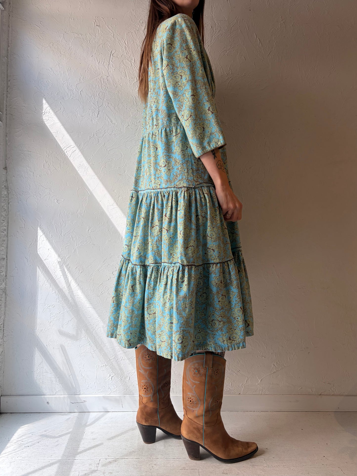90s 'April Cornell' Blue Tiered Floral Print Cotton Western Spring Dress / Small