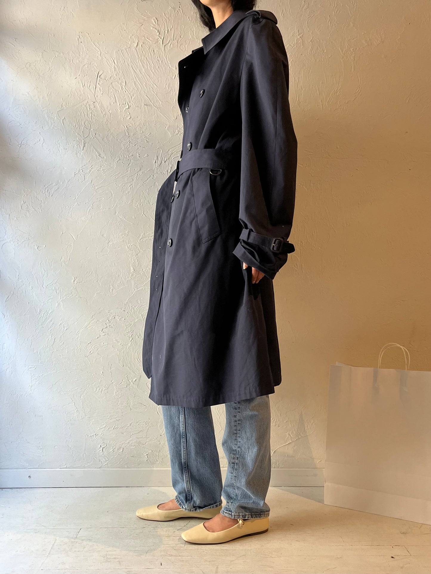 90s 'London Fog' Navy Blue Trench Coat / Large